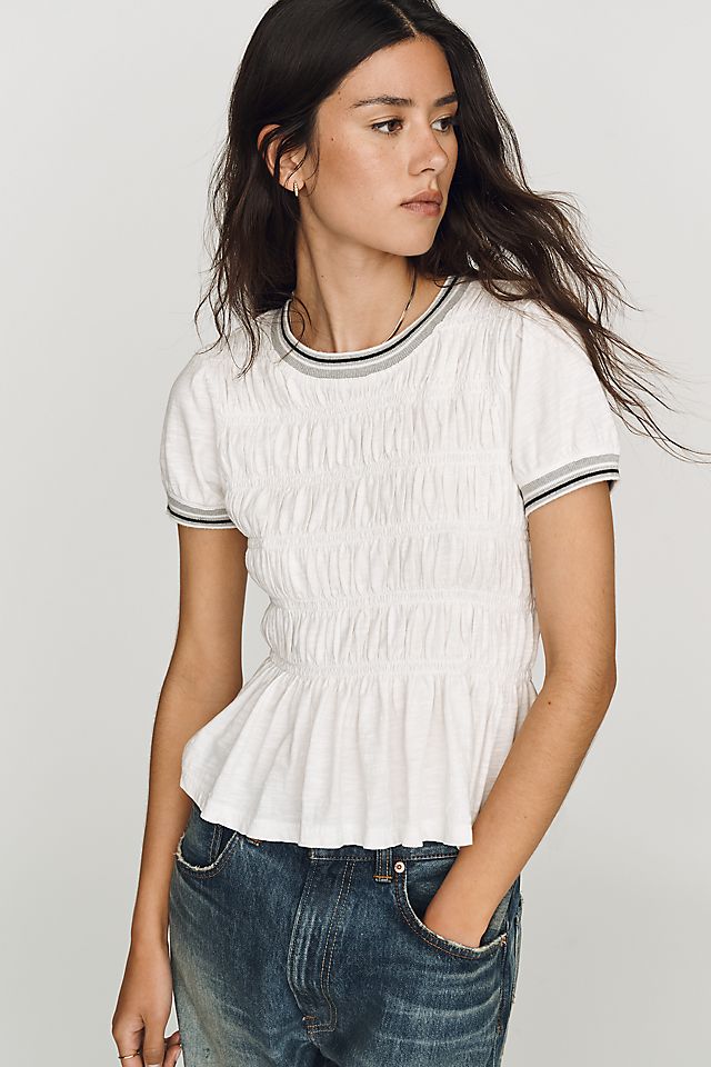 Pilcro Smocked Peplum Women's Crew Neck Cotton Tee