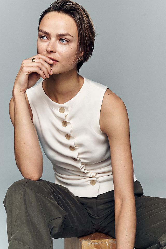 By Anthropologie Ruched Sleeveless Buttondown Women's Top