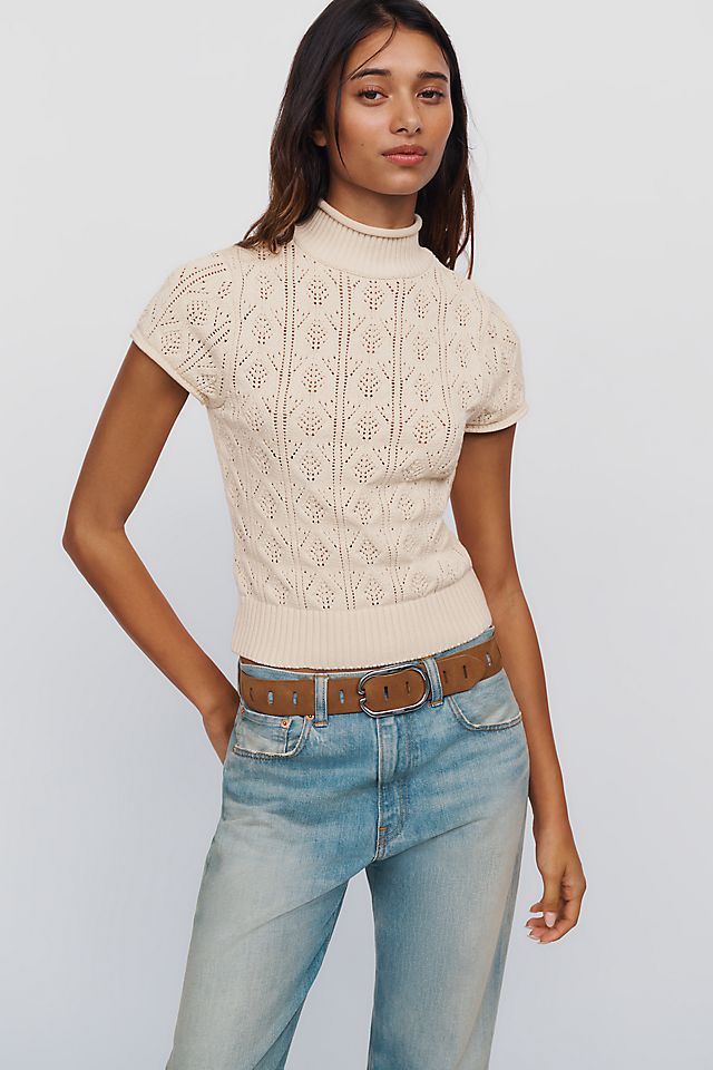 By Anthropologie Pointelle Short-Sleeve Women's Sweater